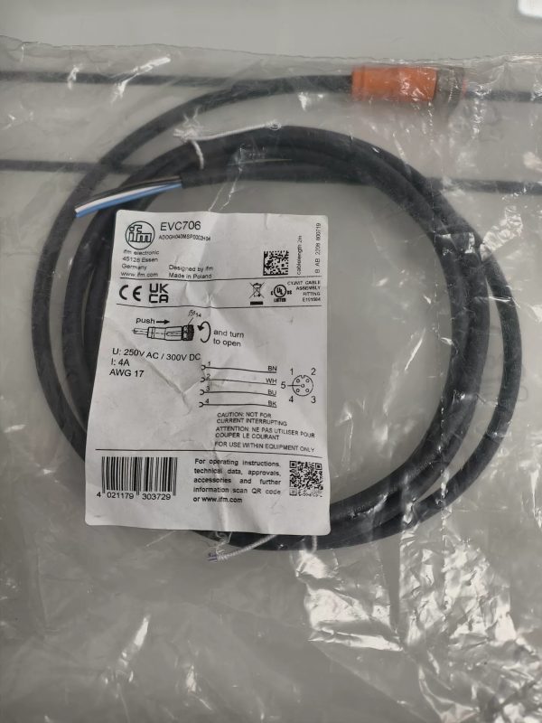 IFM EVC706 M12 Connection Cable 2m 4-Pole PUR Sensor Cable ,New and original,In stock